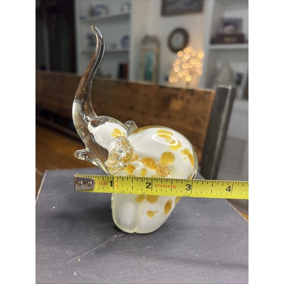 Elephant Art Glass White With Gold Spots Trunk Up Paperweight Figurine , 5 1/2 “ - Picture 6 of 7